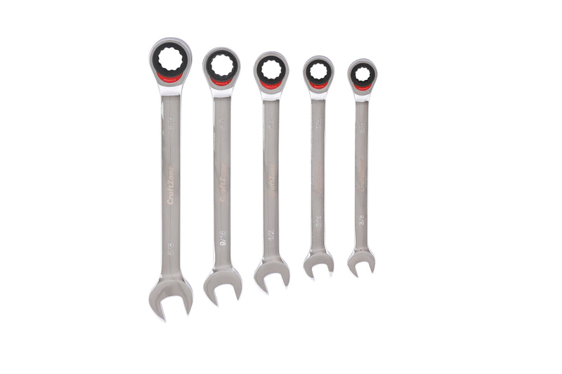 Ratcheting Combination Wrench Set (5-Pieces,SAE), 3/8",7/16",1/2",9/16",5/8", 72-Teeth, Cr-V 5PC SAE