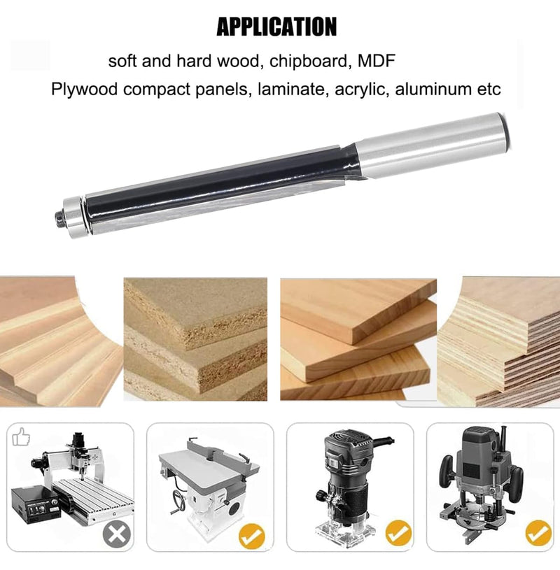 Extra Long Flush Trim Router Bit 1/2 Shank, 3-Inch Height X 1/2-Inch Diameter, Carbide Tipped, Top Bearing Template Flush Cut Trim Router Bit, for Woodworking Trimming Extra Long Trim Bit 3-Inch
