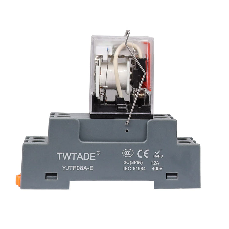 TWTADE/2PCS DC 24V Relay 10A Electromagnetic Power Coil Relay 8 Pins DPDT 2NO 2NC with Indicator Light, Socket Base & DIN Rail -YJ2N-LY 8 PIN-10A-2PCS