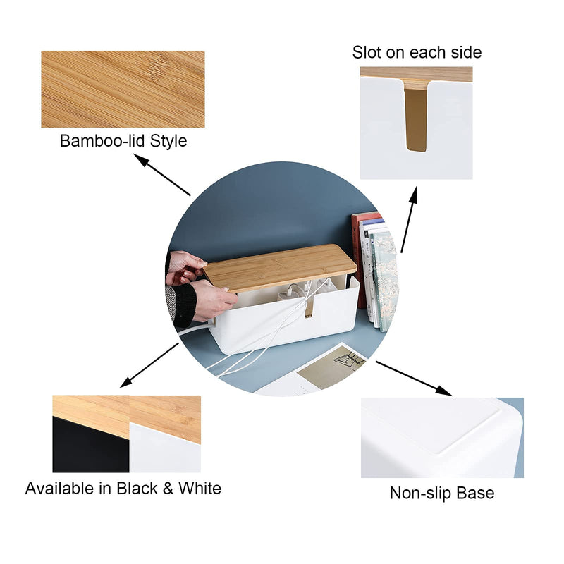 Changsuo Cable Management Box with Bamboo Lid Small Cable Organizer Box for Extension Cord Power Stripe Surge Protector Wire Management Concealer Organizer Cover Hider (Black) Black