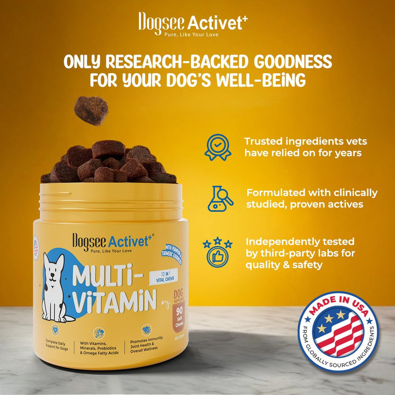 Dogsee Activet+ Dog 12 in 1 Multivitamin Supplement Chews, with Vitamins, Minerals, Probiotics, Omega 3 & Glucosamine for Overall Dog Health, Chicken Flavor – 90 Chews Multivitamin- Chicken