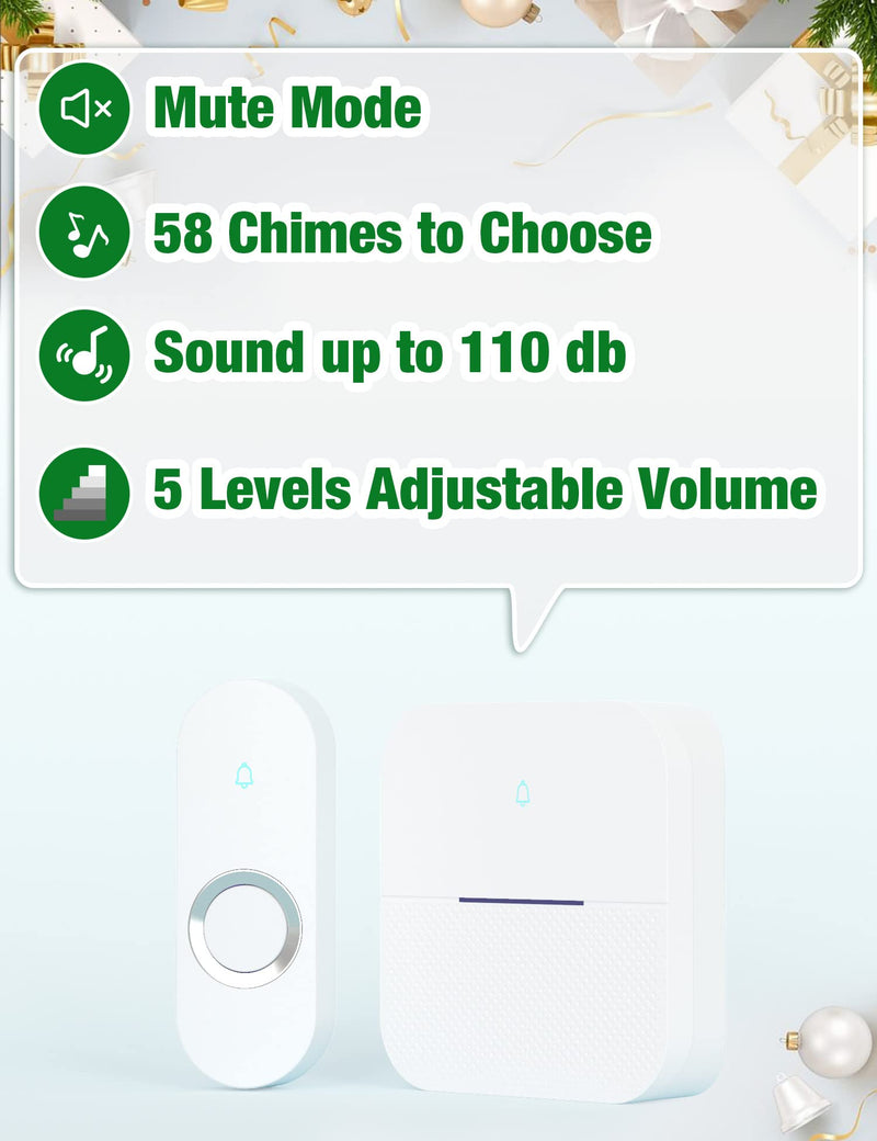 AIDA Lighted Wireless Doorbell for Home, Waterproof Battery Doorbell Wireless 1,000ft Range, 5 Volume Levels with 58 Doorbell Chimes & LED Flash (White, Doorbell with 2 Buttons & 1 Receiver) White