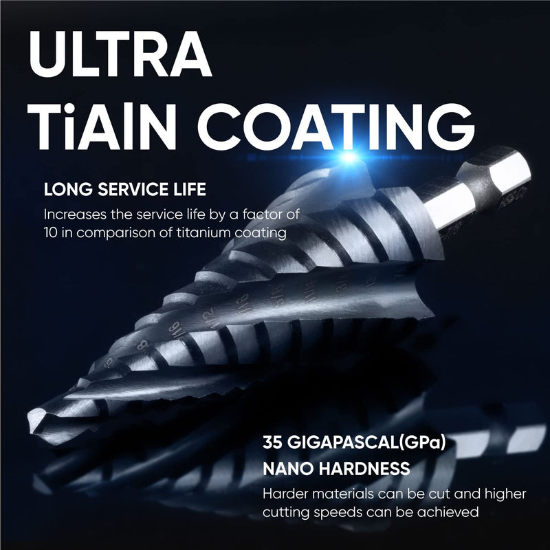 toolant Four Spiral Flute Cobalt Step Drill Bit(Pro), 1/4"-3/4" Impact Ready Unibit Step Drill Bit, 1/4" Hex Shank Step Bits for Metal, Stainless Steel, Aluminum, Plastic 1/4" - 3/4"