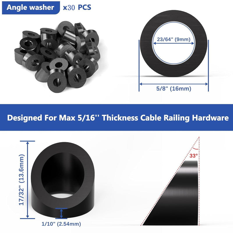 30 Pack 0.35" ID T316 Angle Washers Max for 5/16" Cable Railing Hardware, Marine Grade Stainless Steel 33° Angle Beveled Washers for Stair Deck Metal Wood Aluminum End Posts, Black 30