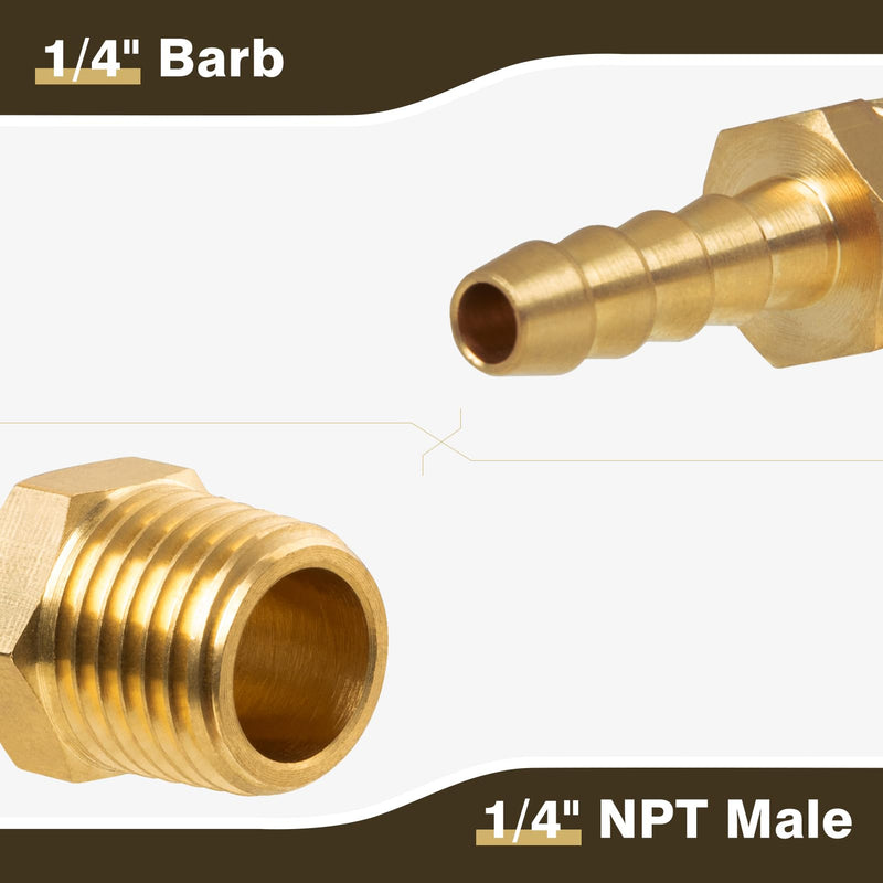 Brass Hose Barb Fitting, 1/4" Barb x 1/4" NPT Male Pipe Adapter Connector, Ideal for Air, Gas, Fuel, Oil (4-Pack) 4 Pack