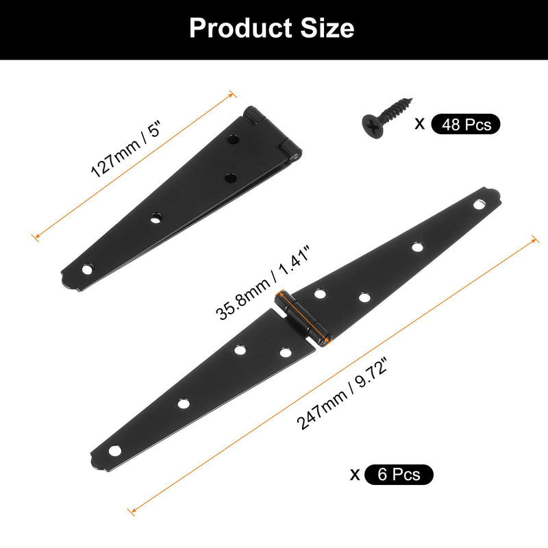 uxcell 6Pcs Strap Hinges, 5 Inch Shed Door Hinges Heavy Duty Gate Hinge Tee Hinge with Screws for Wooden Fences Yard Doors Barn Gate, Black