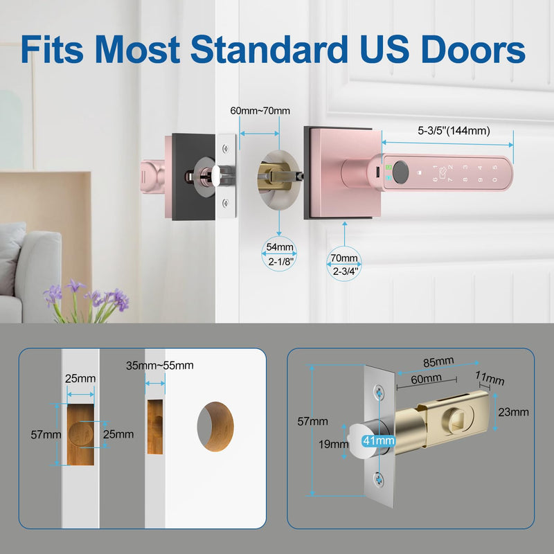 Fingerprint Door Lock, 5 in 1 Finger Print Door Knob with Smart APP/Fingerprint/IC Cards/Password/Backup Keys, Smart Door Knob with Keypad for Bedroom, Office, Apartment, Rose Gold