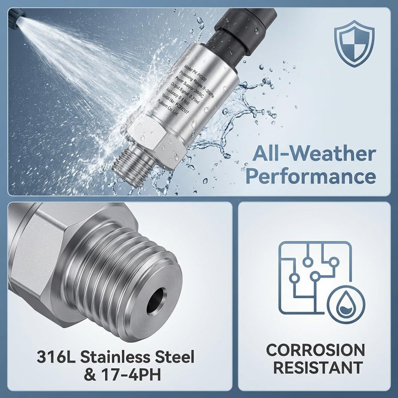 Pressure Transmitter Sensor 0-3000 PSI,Industrial Pressure Transducer,1/4 NPT Thread Stainless Steel Gauge Pressure Sensor for Oil Fuel,Water,Air DIN connector