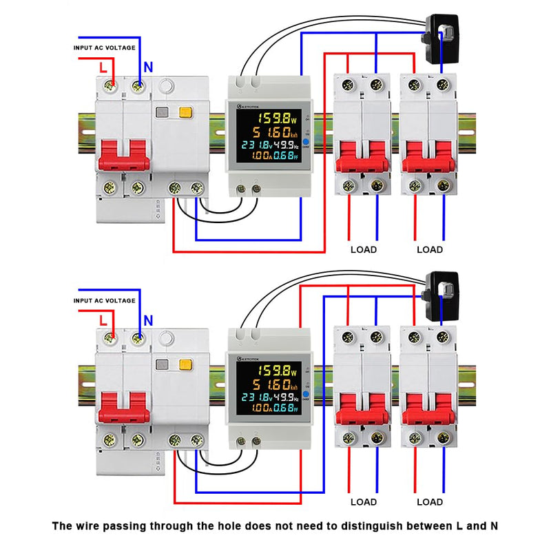 KETOTEK Power Meter Single Phase, 2 Channels, Energy Meter DIN Rail Electricity Usage Monitor with LCD, kWh Meter AC40-300V 100A, Ammeter Voltmeter with Split Core Current Transformer CT 2 Channels, Split Core CT