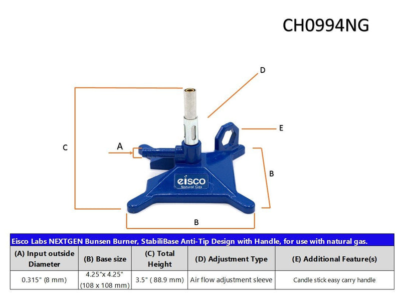 EISCO Natural Gas Micro Bunsen Burner, StabiliBase Anti-Tip Design with Handle, Flame Stabilizer, NG - Eisco Labs