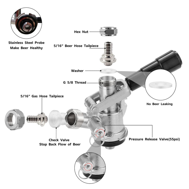 Keg Coupler, Sankey Keg Tap D System ID 5/16'' Draft Beer Line (304 Stainless Steel Probe) G5/8 Nuts Commercial Sankey Kegerator D Coupler with 4 Hose Clamps