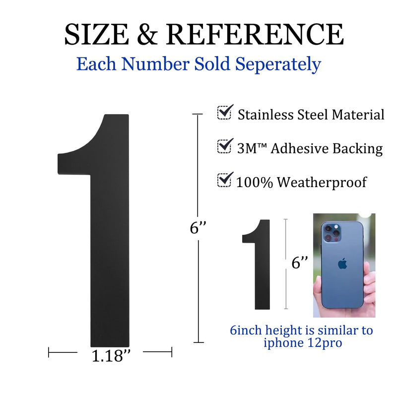 Modern House Numbers for Outside - Self-Adhesive, Large 6 Inch, Metal House Address Numbers - Ideal For Mailbox, Door, And Outdoor Address - House Number 1