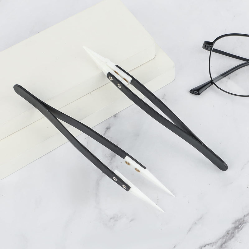 2pcs Ceramic Tweezers Stainless Steel Ceramic Precision Tweezers for Electronics, Non-Conductive Anti Static High Temperature Resistant Fine Point Tweezers for Precision Electrical Operation Black