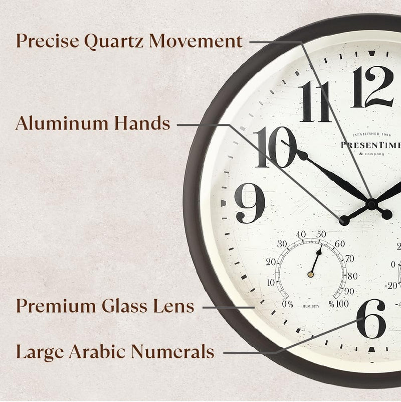 Presentime & Co 16" Farmhouse in/Outdoor Clock, Wall Clock & Weather Station, Weather Thermometer, Wall Décor and Timepiece for Farmhouse Decoration, Oil Rubbed Bronze Finish
