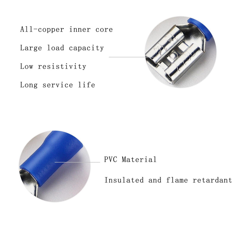 200Pcs Quick Disconnects Vinyl Insulated Female Spade Wire Connectors, 16-14 AWG-6.3mm 1/4" Electrical Crimp Terminal Female 200pcs AWG16-14 Blue