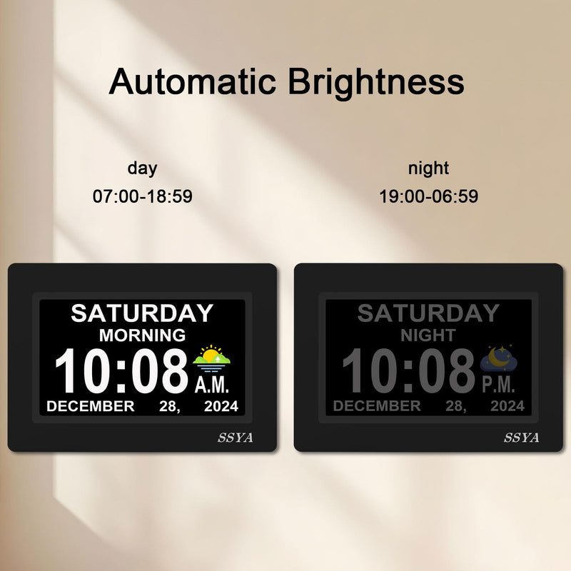 SSYA 7 Inch Calendar Clock - 12 Alarm Options, Level 5 Auto Dimmable Display,Extra Large Impaired Vision Digital Clock with Non-Abbreviated Day & Month (Black) 7" Black