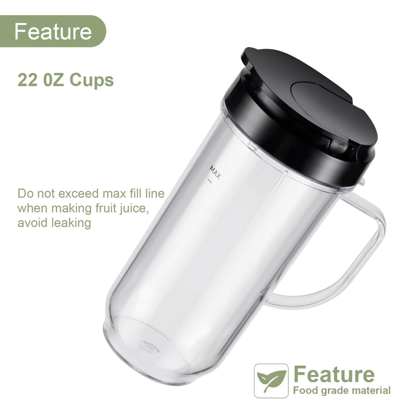 4-piece Tall 22oz Mug Cups with Flip-Top To-Go Lids Replacement Parts Compatible with 250W Magic Bullet Blender Cups MB1001