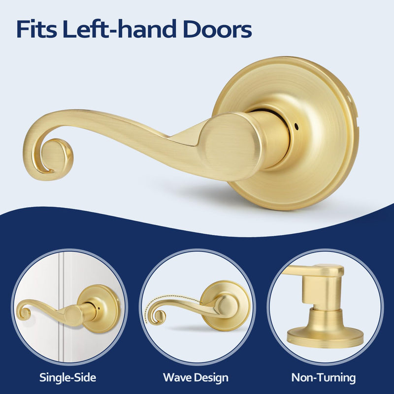 Gold Door Lever 2 Pack, Non-Turning Dummy Door Levers, Left-Sided, Closet/Pantry Door Handle, Wave Design Dummy - Left-sided