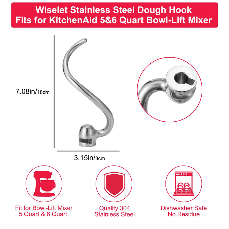 Stainless Steel Dough Hook for KitchenAid Bowl-L Professional 600&Pro 5 Plus Mixer, Heavy Duty, Dishwasher Safe Fit for KSM5 KV25G0X KV25G8X KV25H0X KP26M1X KP26M8X 5/6 Qt Bowl-Lift Dough Hook