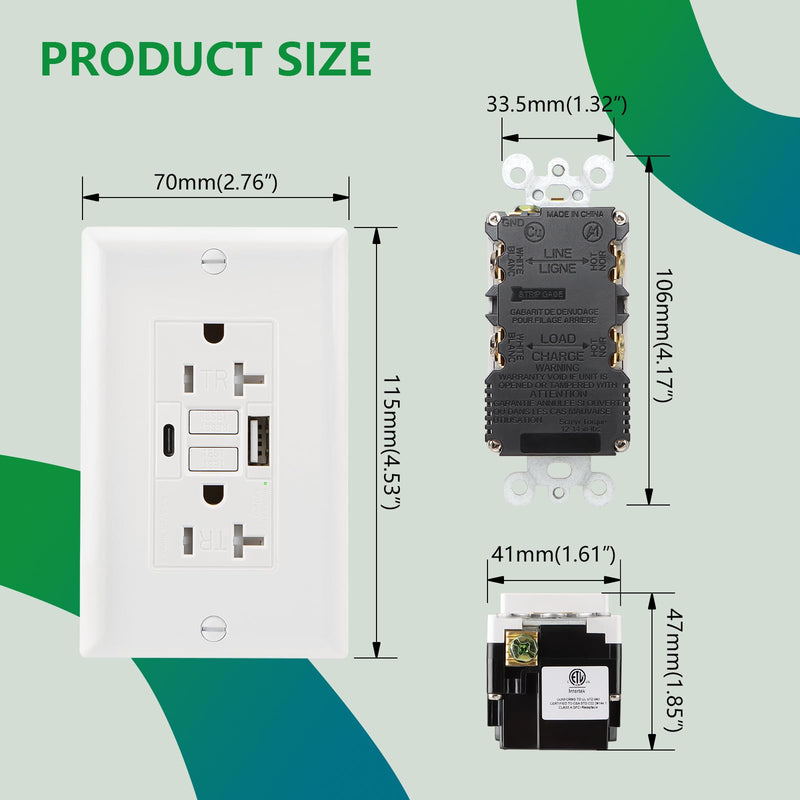 GFCI Outlet with USB in-Wall,20A Self-Test with LED Indicator Tamper Resistant DC5V 4.8A Charger Outlet with USB Type A & TypeC,White 20A_USBA&C