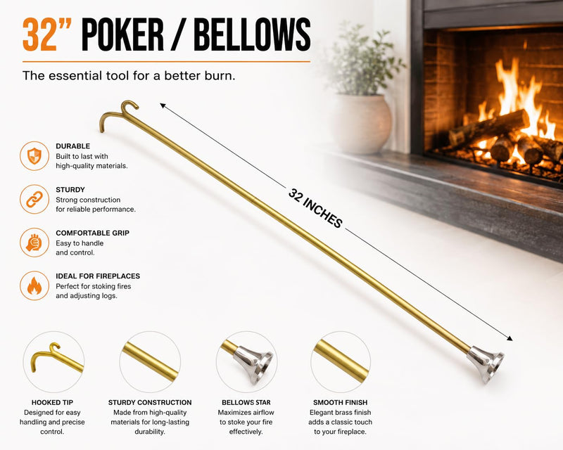 Antique Gold Blow Poke Fireplace Tool 32 Inch, Fire Blowing Stick Split Type Compact Fire Starter, Handmade Fire Blow Stick, Fire Poker Blower Stick, Fire Blower, Stoke Your Fire Easily in Fireplace