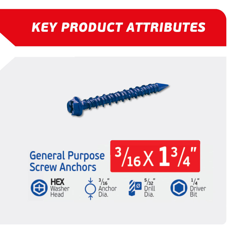 3/16 x 1-3/4" Hex Head Blue Concrete Screw Anchors (100 pcs Screw Kit) with one Screwdriver and Drill Bit for Concrete, Masonry, Block, Brick and Wood Fastening 3/16 x 1-3/4"