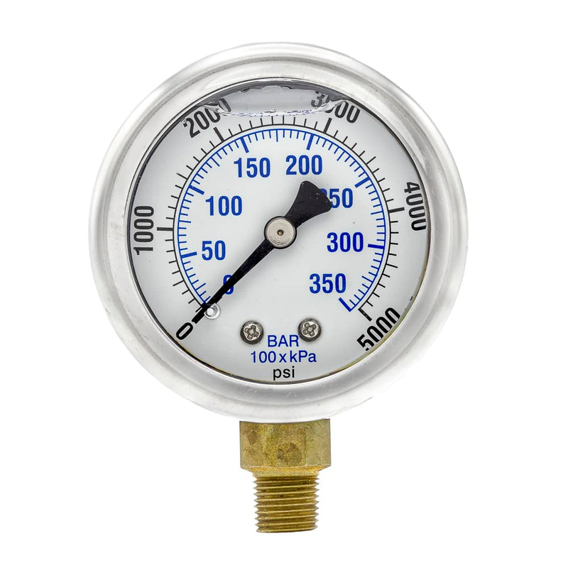 Liquid Filled Lower Mount Pressure Gauge with 2" Dial, 0-5000 PSI, 1/8" Male NPT Connection, Stainless Steel CASE and Bezel (1)