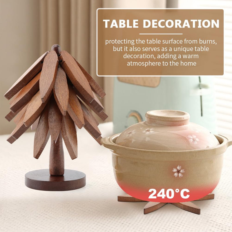 Tree Trivet Set, Wooden Tree Coasters for Hot Dishes, Include 5 Wooden Trivets and 1 Stand, Decorative Wooden Trivet Tree for Kitchen and Dining, Foldable Wooden Tree Coasters for Hot Pots&Teapot