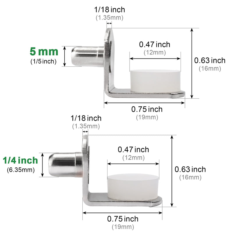 5mm 1/4 Inch Cabinet Shelf Support Pegs Metal Shelving Pins for Bookshelf Shelves in Cabinets, 24Pcs Nickel 1/4 Inch (12pcs) + 5mm (12pcs)