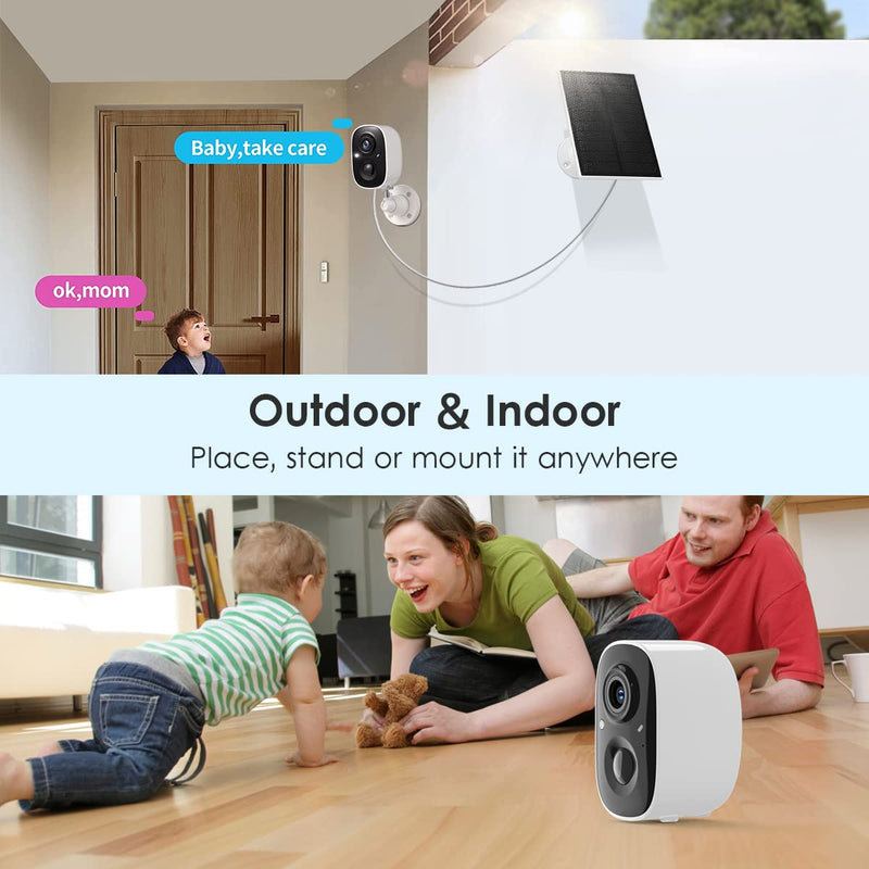 GMK Solar Security Camera Wireless Outdoor, with Solar Panel 2K Color Night Vision Motion Detection 2-Way Talk Battery Powered 3MP WiFi Home Indoor Camera IP65 Weatherproof Cloud/SD Storage White Solar Cam 1 Count (Pack of 1)
