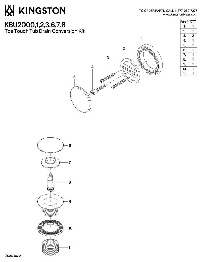 Kingston Brass KBU2008 Eugene Tip-Toe Tub Drain Conversion Kit, Brushed Nickel 2.75 x 2.94 x 2.31