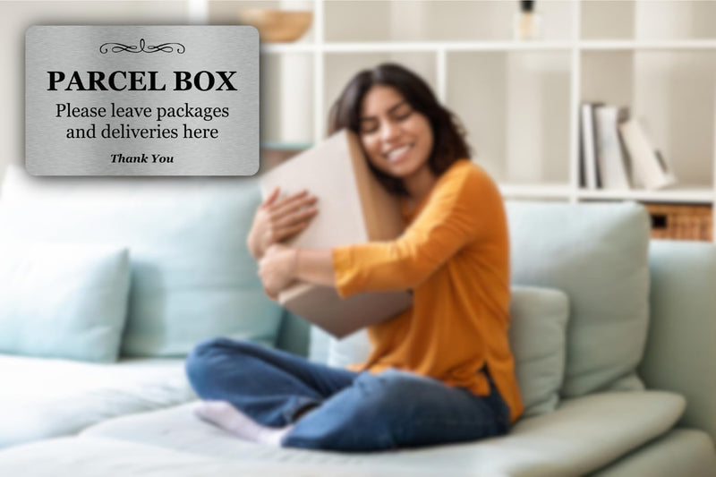 Parcel Box (Mail Box) Sign - Manufactured from Aluminium Metal with Adhesive. Notice for Deliveries, Package delivery Boxes for Outside. Silver