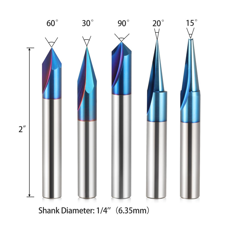 5PCS CNC Wood Carving Router Bits Set 1/4'' Shank, 15°Detail Carving Liner+ 20° Profile bit+30°+60°+ 90°V Groove Router Bit Set with Nano Blue Coating CNC Milling Cutter Engraving Router