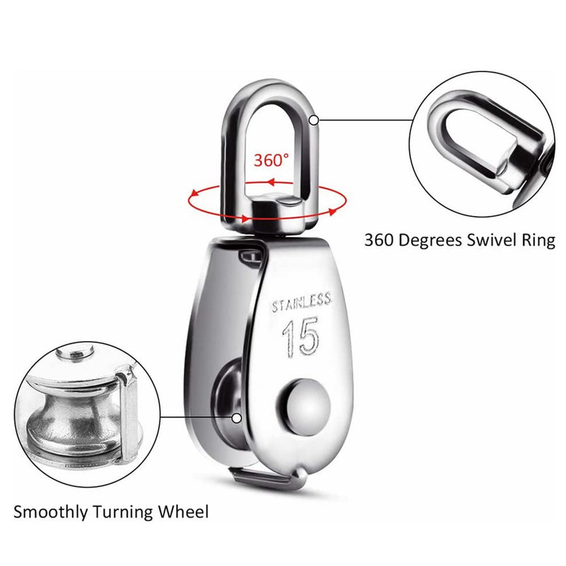 YAMASO,2Pcs 304 Stainless Steel M15 Silver Single Pulley Block Wire Rope Hanging Wire Towing Wheel M15-2pcs