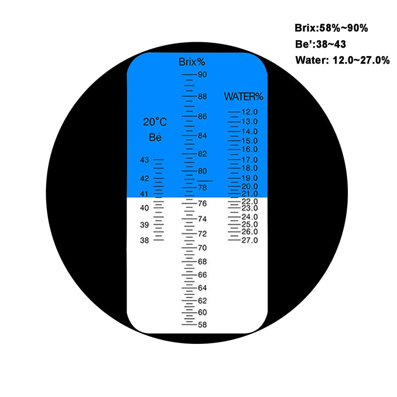 Honey Refractometer for Measruing Brix 58~90%, Honey Moisture 12~27%, Baume 38~43° Honey Moisture Tester 3 in 1 Refractometer for Honey Maple Syrup, Molasses, Fruit jam and Bee Keeping