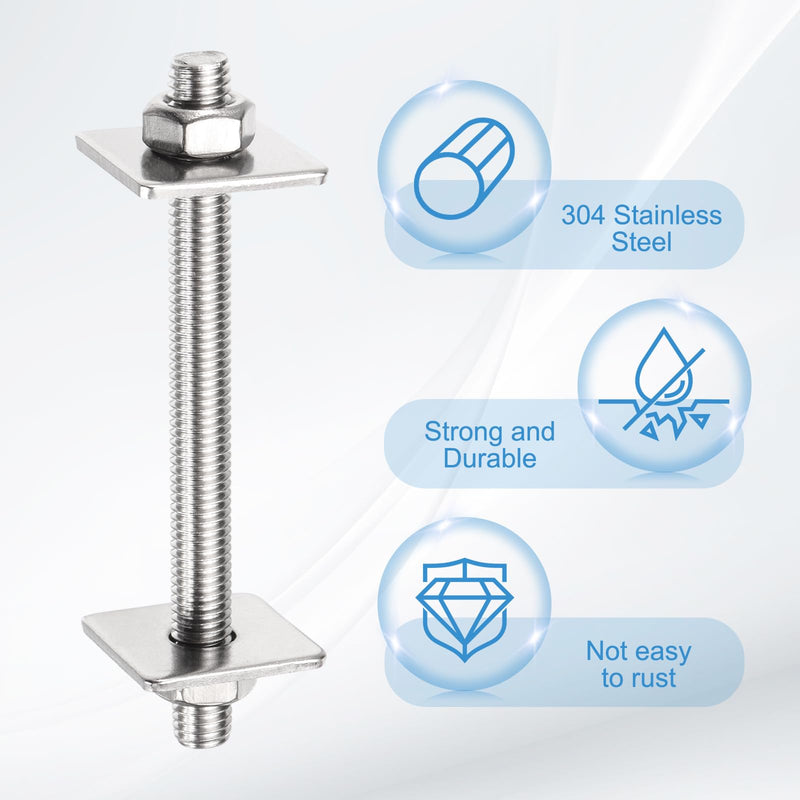 MECCANIXITY 1Set M10x500mm Fully Threaded Rod, 304 Stainless Steel Threaded Rods Bar Studs Right Hand Threads with Nut Square Washer for Structural Anchoring Fastening Screw 1