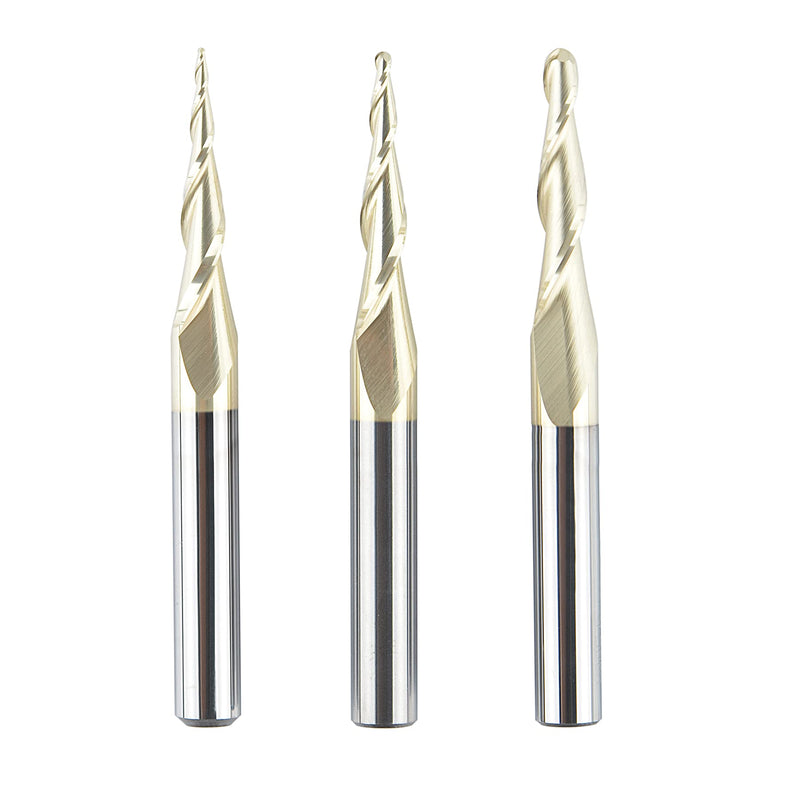 SpeTool 3Pcs Carbide Ball Nose Router Bit CNC End Mill 1/16 1/32 1/64 Cutting Radius for Wood 3D Carving Engraving MDF Oak