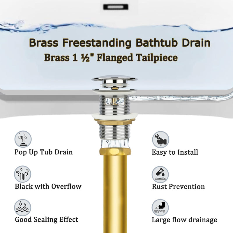 Free Standing Tub Drain Kit, Freestanding Tub Drain, Pop-Up Freestanding Bathtub Drain Stopper, Compatible with Freestanding Bathtub Drain Rough-in Kit (Chrome) Chrome