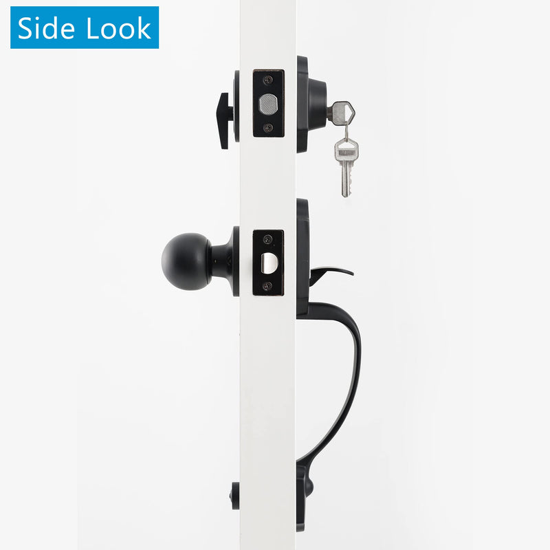 Natsukage Front Door Handle and Lock Set - Matte Black Entrance Handle With Deadbolt and Knob - Heavy-Duty Adjustable Entry Lock - Reversible for Right & Left Handed Traditional (Arc shape+Knob Handle)