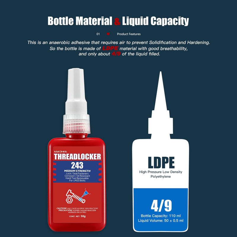 ESKONKE Blue Thread Locker 243 - Removable Threadlocker Metal Glue for Nuts, Bolts, Fasteners Medium Strength Screw Compound to Prevent Loosening & Corrosion 1.69 Oz/50 ml