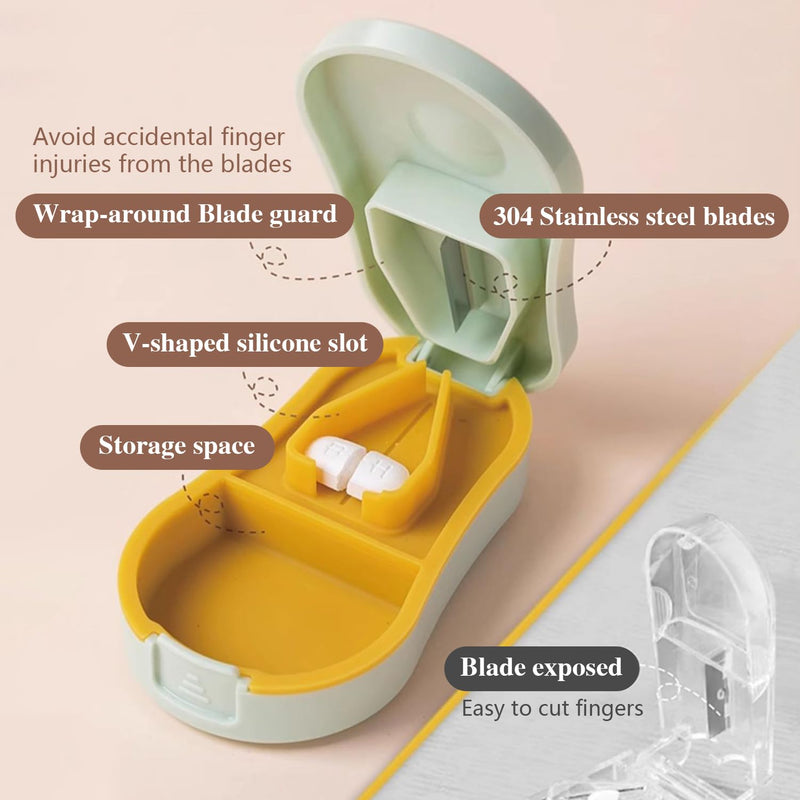 Pill Cutter Splitter for Small and Tiny Pills - Pill Cutter 1/4 - Accurately Cuts Multiple Pills - Easy Open Snap Button. Detachable Nonslip V-Shaped Pad. Wrap-Around Blade Guard. Back Storage (Cyan) Cyan