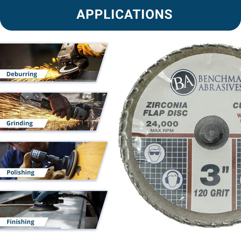 Benchmark Abrasives 3" Quick Change Zirconia Flap Disc Curved Grinding Wheel w/Male R-Type Back Design - Cleaning Finishing Deburring of Irregular Surfaces for Die Grinder & More (10 Pack) 120 Grit