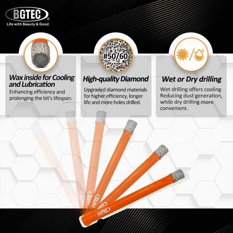 Dry Diamond Drill Bit Set,BGTEC 10pcs 1/4" 6mm Hole Saw for Granite,Marble,Masonry, Concrete, Tile/Ceramic, Glass, Hard plastic,Vacuum Brazed Diamond Core Drill Bit Kit
