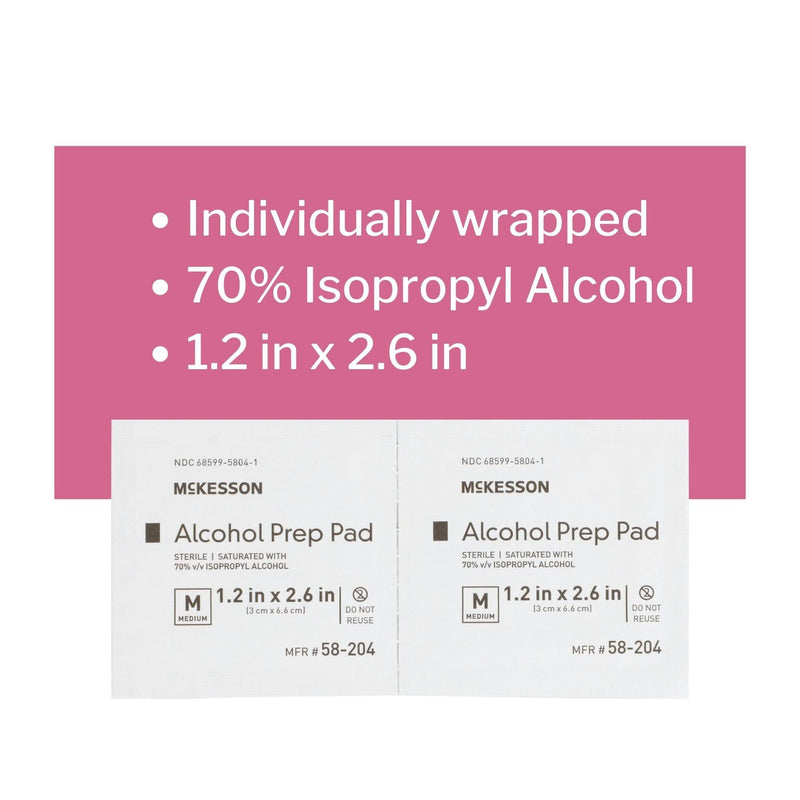 McKesson Alcohol Prep Pads [Pack of 200] 70% Isopropyl, Individually Wrapped Wipes, Sterile, Medical-Grade, First Aid, Medium 1 Count (Pack of 200)