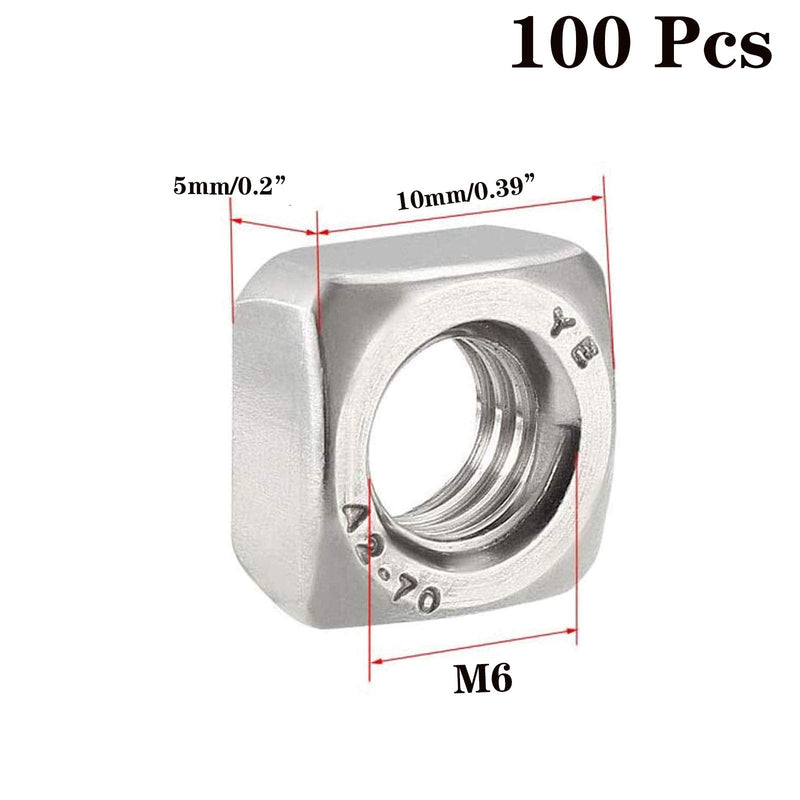 M6-1.0 Square Nuts, 304 Stainless Steel Metric Coarse Thread Assortment Kit (100 Pcs) M6-1.0（100 Pcs）