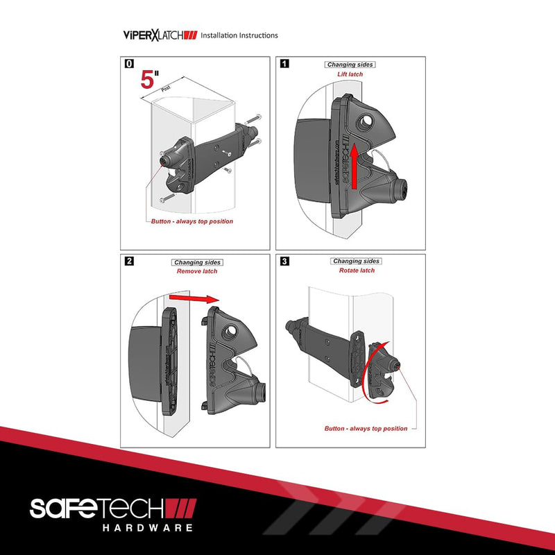 Safetech Hardware ViperX5-5 Two-Sided Gate Latch | Wrap Around Design - No Post Drilling | Padlock Lockable | Left & Right Reversible | Double Gate Access w/Push Button | 5” Vinyl/PVC Gate - Black 5" Post