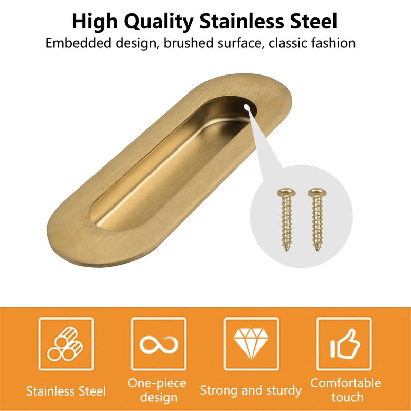 MOROBOR 6Pcs Stainless Steel Side Hole Flush Pull, Oval Embedded Sliding Door Handle Recessed Finger Pulls with Hidden Screws for Drawer Cupboard Wardrobe/Brushed Gold Brushed Gold-6PCS