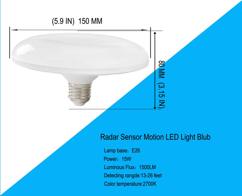 LUXON 15W UFO Radar Motion Sensor Ceiling Light Bulbs,5.9 Inch Dusk to Dawn LED Bulb (100W Equ.),Indoor Outdoor Auto On/Off E26 Base Soft White for Front Door,Porch,Garage,Security,Pack of 2.