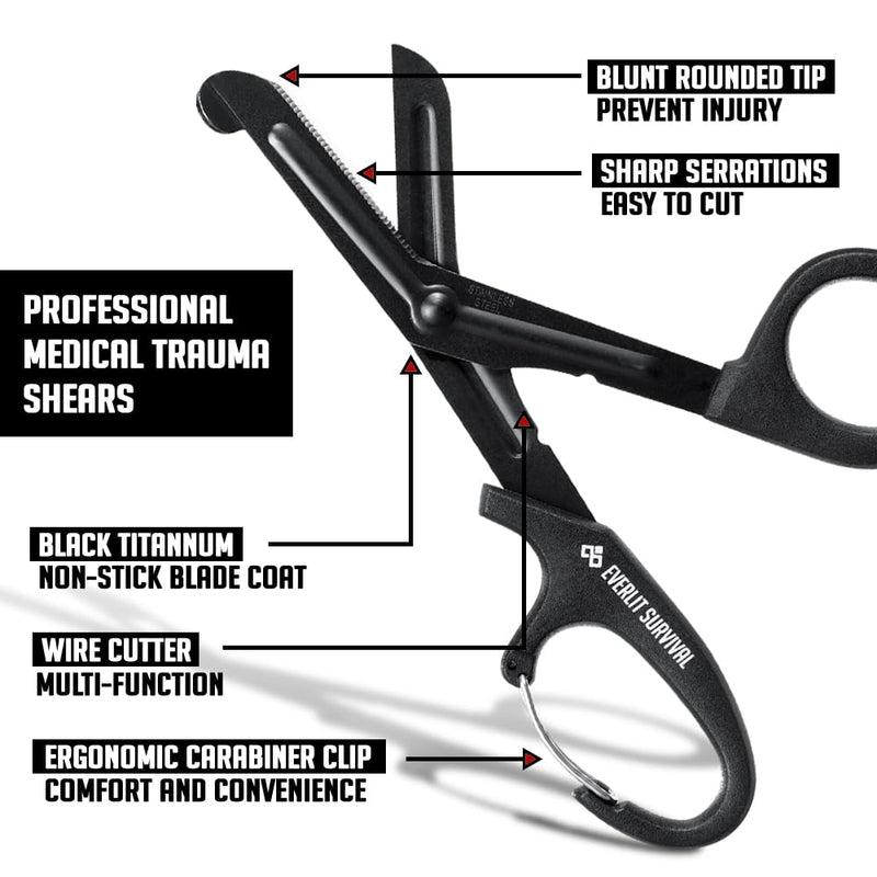 EVERLIT Trauma Shears Black Titanium Coated Non-stick Blades Stainless Steel Bandage Medical Scissors for EMT EMS Doctor and Nurses (6" Compact, 1 Pair) 6" Compact, 1 Pair