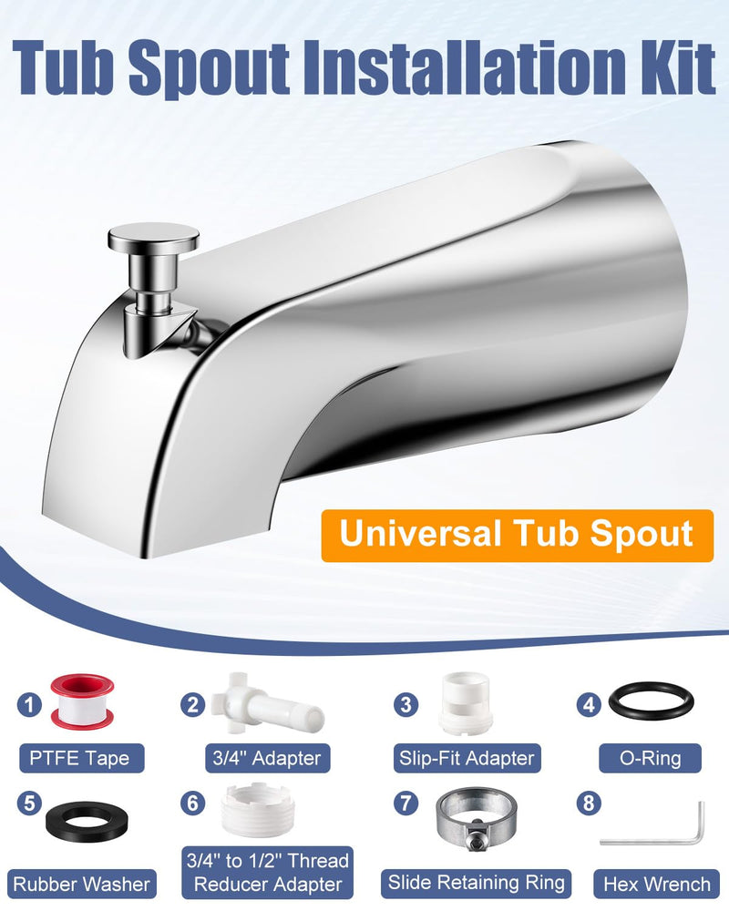 Universal Bathtub Tub Spout with Diverter, Fits 1/2" Slip-Fit Copper Pipe and 1/2" IPS & 3/4" IPS Thread Connections, Bathroom Tub Faucet Replacement with Adapters, PTFE Tape and Hex Wrench (Chrome) Chrome